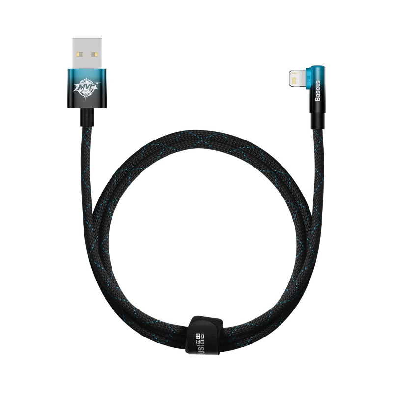 Kampinis kabelis su šoniniu USB kištuku Iphone Lightning 1m 2.4A mėlynas
