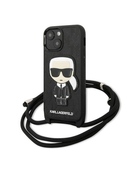 Karl Lagerfeld Leather Monogram Patch ir Cord Iconik dėklas iPhone 13 mini - juodas Karl Lagerfeld Leather Monogram Patch ir Cord Iconik dėklas iPhone 13 mini - juodas