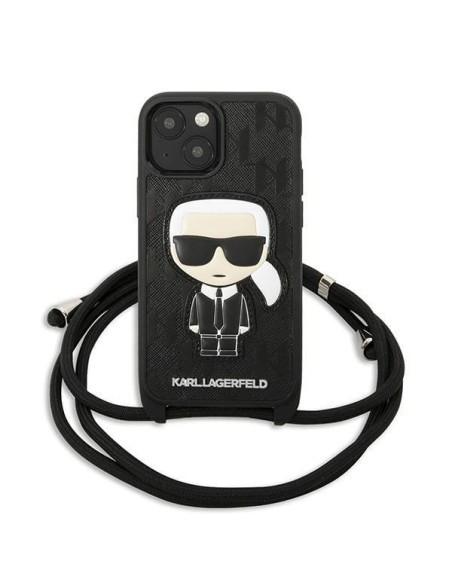Karl Lagerfeld Leather Monogram Patch ir Cord Iconik dėklas iPhone 13 mini - juodas Karl Lagerfeld Leather Monogram Patch ir Cord Iconik dėklas iPhone 13 mini - juodas