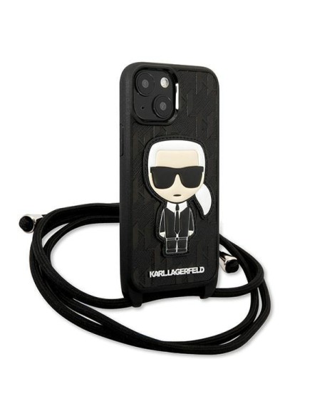 Karl Lagerfeld Leather Monogram Patch ir Cord Iconik dėklas iPhone 13 mini - juodas Karl Lagerfeld Leather Monogram Patch ir Cord Iconik dėklas iPhone 13 mini - juodas