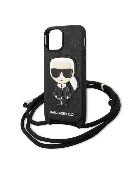 Karl Lagerfeld Leather Monogram Patch ir Cord Iconik dėklas iPhone 13 mini - juodas Karl Lagerfeld Leather Monogram Patch ir Cord Iconik dėklas iPhone 13 mini - juodas