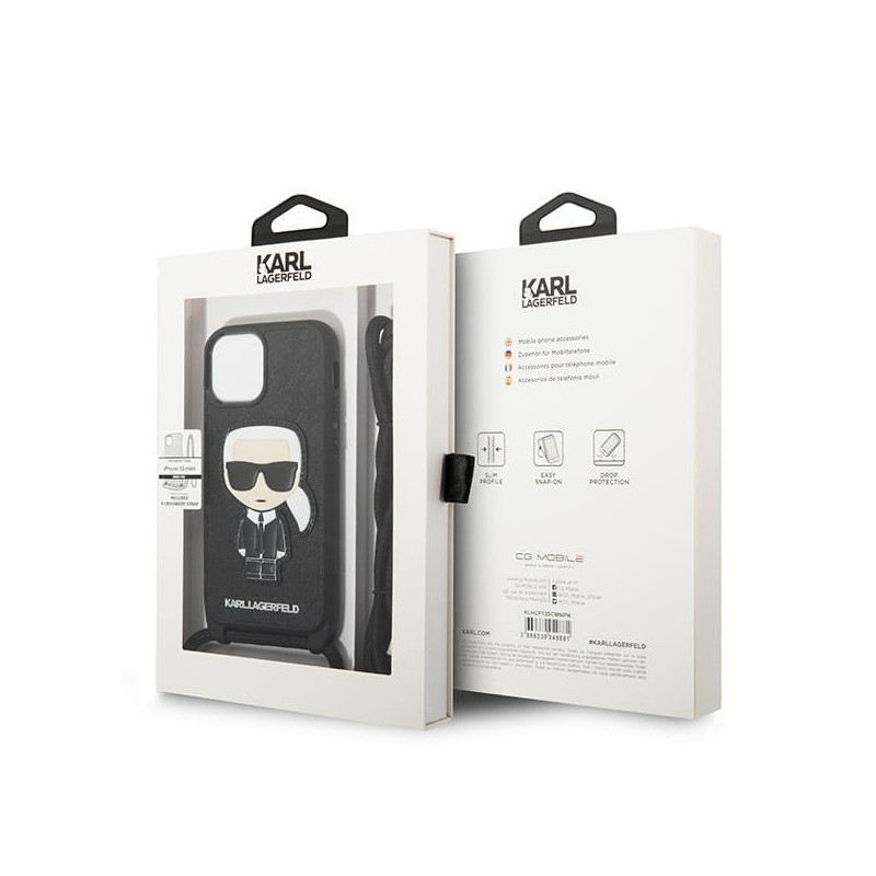 Karl Lagerfeld Leather Monogram Patch ir Cord Iconik dėklas iPhone 13 mini - juodas