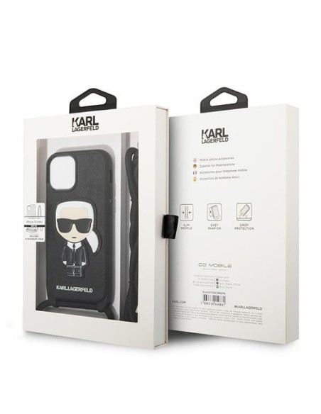 Karl Lagerfeld Leather Monogram Patch ir Cord Iconik dėklas iPhone 13 mini - juodas Karl Lagerfeld Leather Monogram Patch ir Cord Iconik dėklas iPhone 13 mini - juodas