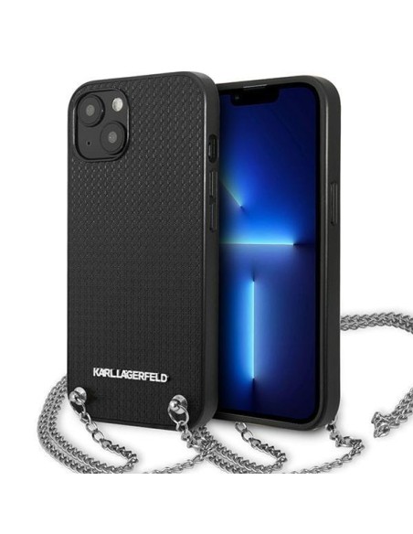 Karl Lagerfeld odos tekstūros ir grandinės dėklas iPhone 13 mini - juodas Karl Lagerfeld odos tekstūros ir grandinės dėklas iPhone 13 mini - juodas