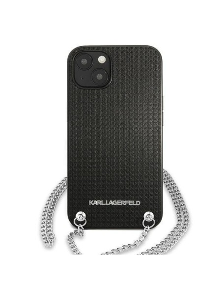 Karl Lagerfeld odos tekstūros ir grandinės dėklas iPhone 13 mini - juodas Karl Lagerfeld odos tekstūros ir grandinės dėklas iPhone 13 mini - juodas