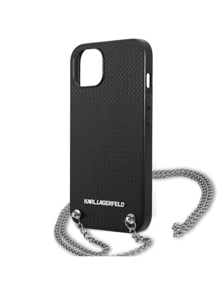Karl Lagerfeld odos tekstūros ir grandinės dėklas iPhone 13 mini - juodas Karl Lagerfeld odos tekstūros ir grandinės dėklas iPhone 13 mini - juodas