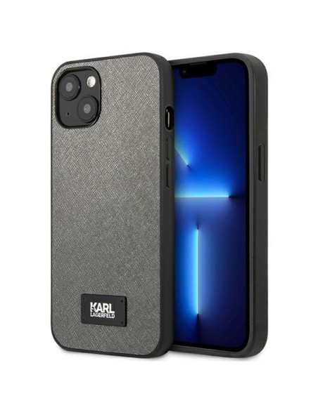 Karl Lagerfeld Saffiano Plaque dėklas iPhone 13 mini - sidabrinis Karl Lagerfeld Saffiano Plaque dėklas iPhone 13 mini - sidabrinis