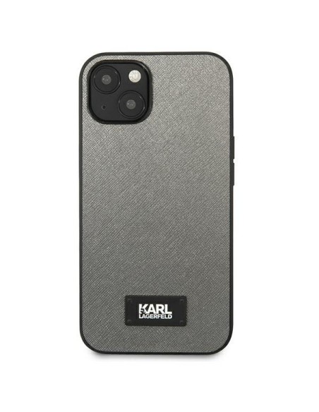 Karl Lagerfeld Saffiano Plaque dėklas iPhone 13 mini - sidabrinis Karl Lagerfeld Saffiano Plaque dėklas iPhone 13 mini - sidabrinis