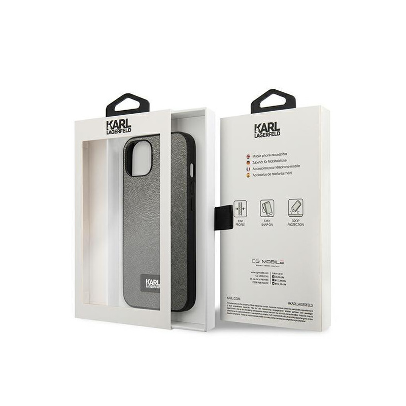 Karl Lagerfeld Saffiano Plaque dėklas iPhone 13 mini - sidabrinis