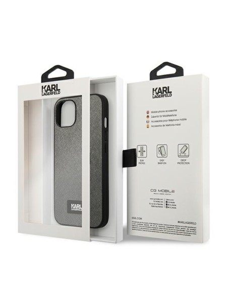 Karl Lagerfeld Saffiano Plaque dėklas iPhone 13 mini - sidabrinis Karl Lagerfeld Saffiano Plaque dėklas iPhone 13 mini - sidabrinis
