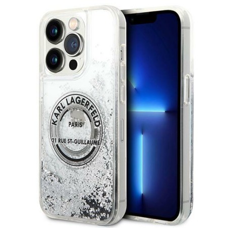 Karl Lagerfeld Liquid Glitter RSG dėklas iPhone 14 Pro - sidabrinis Karl Lagerfeld Liquid Glitter RSG dėklas iPhone 14 Pro - sidabrinis
