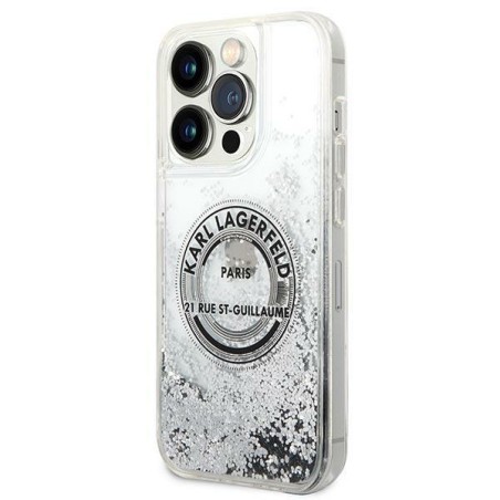 Karl Lagerfeld Liquid Glitter RSG dėklas iPhone 14 Pro - sidabrinis Karl Lagerfeld Liquid Glitter RSG dėklas iPhone 14 Pro - sidabrinis