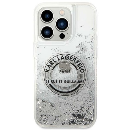 Karl Lagerfeld Liquid Glitter RSG dėklas iPhone 14 Pro - sidabrinis Karl Lagerfeld Liquid Glitter RSG dėklas iPhone 14 Pro - sidabrinis