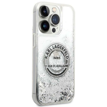 Karl Lagerfeld Liquid Glitter RSG dėklas iPhone 14 Pro - sidabrinis Karl Lagerfeld Liquid Glitter RSG dėklas iPhone 14 Pro - sidabrinis