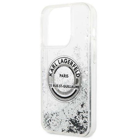 Karl Lagerfeld Liquid Glitter RSG dėklas iPhone 14 Pro - sidabrinis Karl Lagerfeld Liquid Glitter RSG dėklas iPhone 14 Pro - sidabrinis