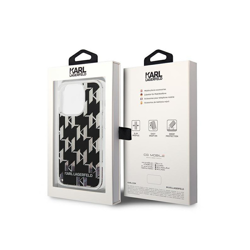 Karl Lagerfeld Liquid Glitter Monogram dėklas iPhone 14 Pro - juodas
