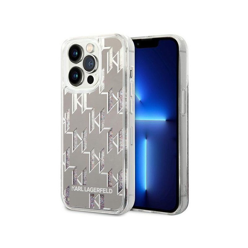 Karl Lagerfeld Liquid Glitter Monogram dėklas, skirtas iPhone 14 Pro - sidabrinis