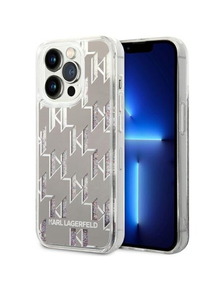 Karl Lagerfeld Liquid Glitter Monogram dėklas, skirtas iPhone 14 Pro - sidabrinis Karl Lagerfeld Liquid Glitter Monogram dėklas, skirtas iPhone 14 Pro - sidabrinis
