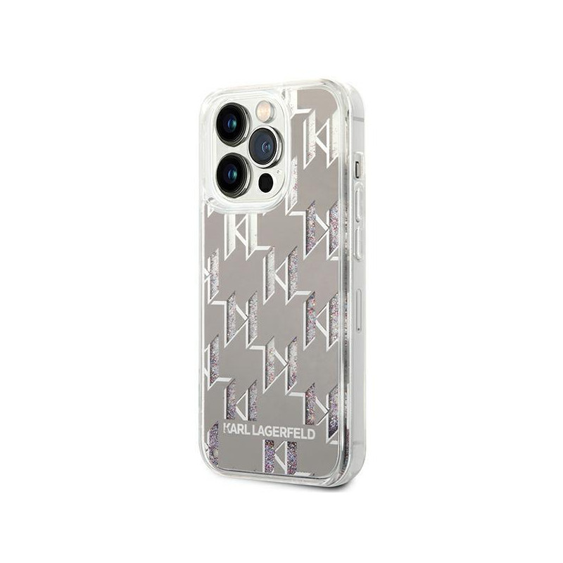 Karl Lagerfeld Liquid Glitter Monogram dėklas, skirtas iPhone 14 Pro - sidabrinis