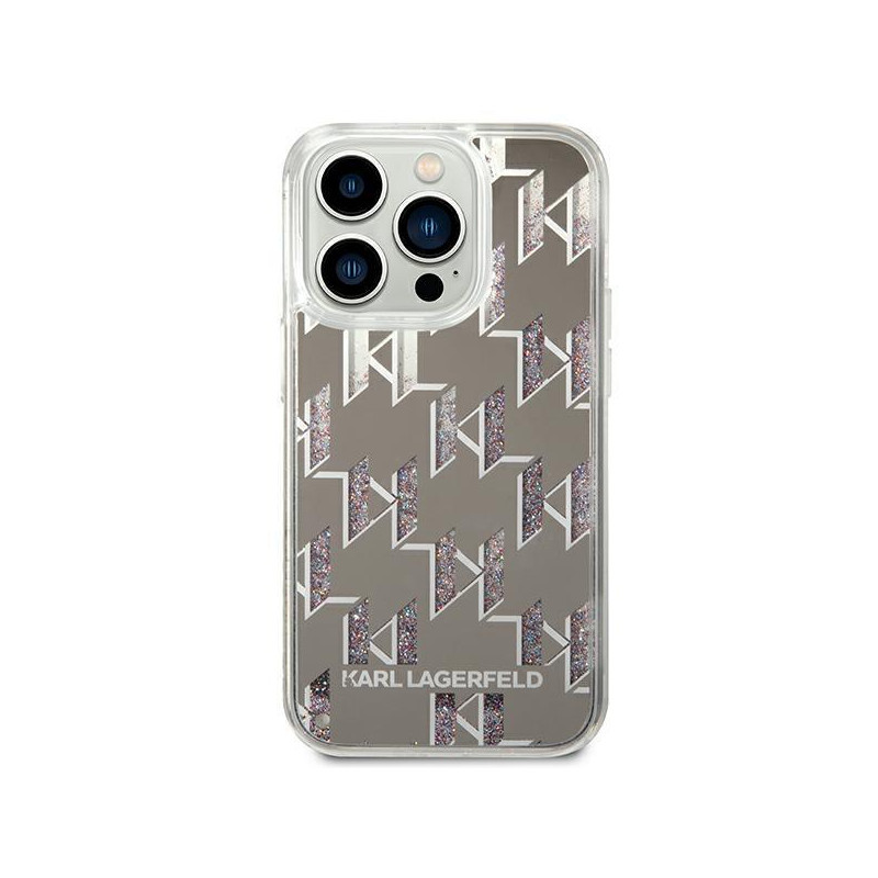 Karl Lagerfeld Liquid Glitter Monogram dėklas, skirtas iPhone 14 Pro - sidabrinis
