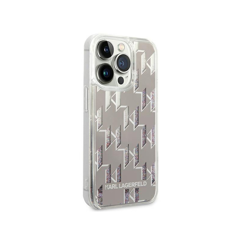 Karl Lagerfeld Liquid Glitter Monogram dėklas, skirtas iPhone 14 Pro - sidabrinis