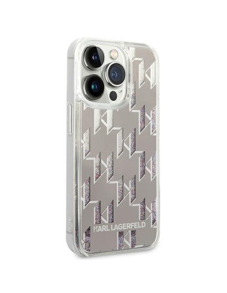 Karl Lagerfeld Liquid Glitter Monogram dėklas, skirtas iPhone 14 Pro - sidabrinis Karl Lagerfeld Liquid Glitter Monogram dėklas, skirtas iPhone 14 Pro - sidabrinis