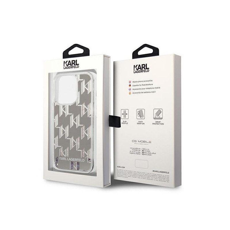 Karl Lagerfeld Liquid Glitter Monogram dėklas, skirtas iPhone 14 Pro - sidabrinis