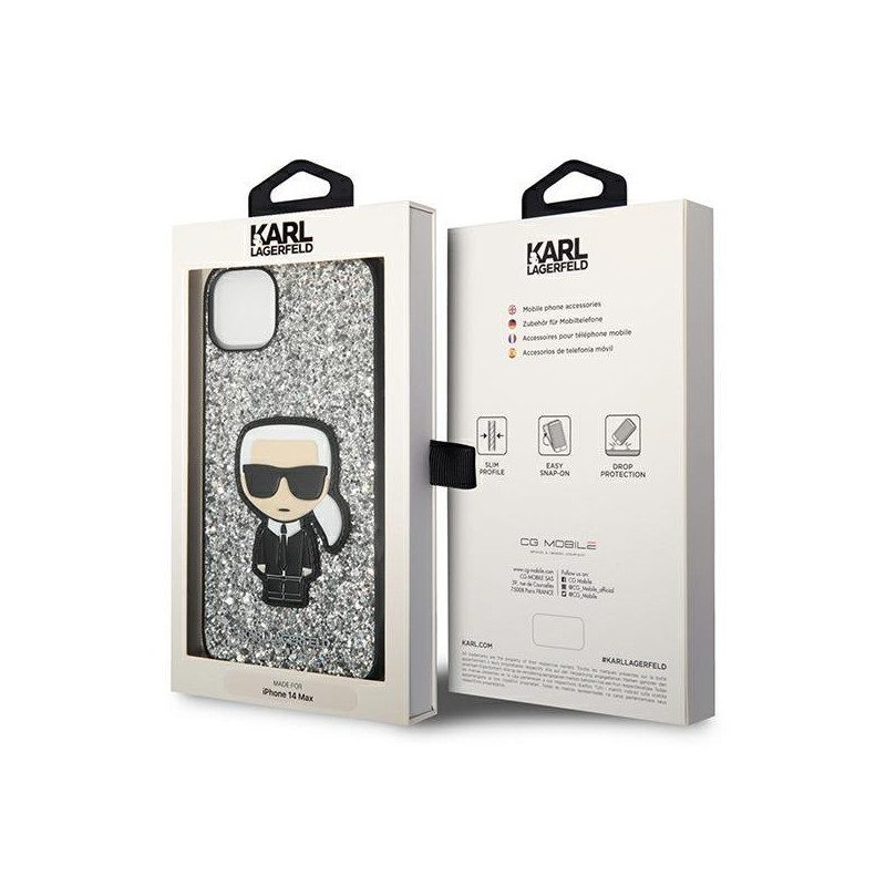 Karl Lagerfeld Glitter Flakes Ikonik dėklas iPhone 14 Plus - sidabrinis