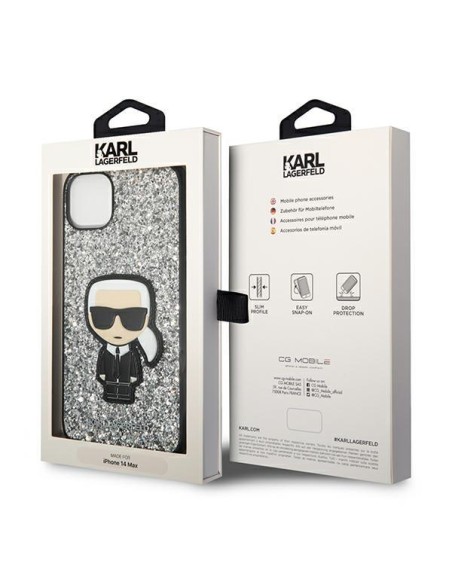 Karl Lagerfeld Glitter Flakes Ikonik dėklas iPhone 14 Plus - sidabrinis Karl Lagerfeld Glitter Flakes Ikonik dėklas iPhone 14 Plus - sidabrinis