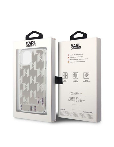 Karl Lagerfeld Liquid Glitter Monogram dėklas iPhone 14 Plus - sidabrinis Karl Lagerfeld Liquid Glitter Monogram dėklas iPhone 14 Plus - sidabrinis