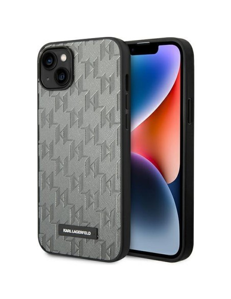 Karl Lagerfeld Saffiano Mono Metal Logo dėklas, skirtas iPhone 14 Plus - pilkas