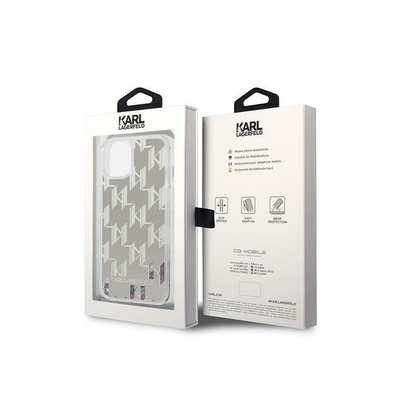 Karl Lagerfeld Liquid Glitter Monogram dėklas iPhone 14 - sidabrinis