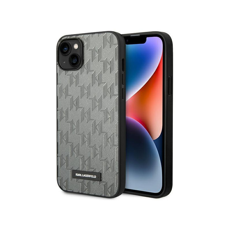 Karl Lagerfeld Saffiano Mono Metal Logo dėklas iPhone 14 - pilkas Karl Lagerfeld Saffiano Mono Metal Logo dėklas iPhone 14 - pilkas