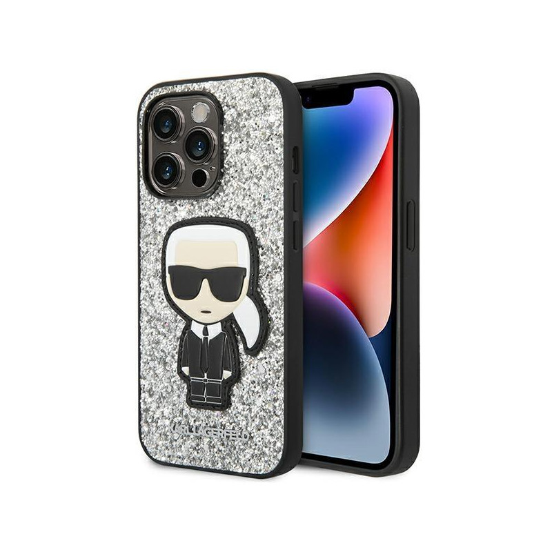 Karl Lagerfeld Glitter Flakes Ikonik dėklas iPhone 14 Pro Max - sidabrinis