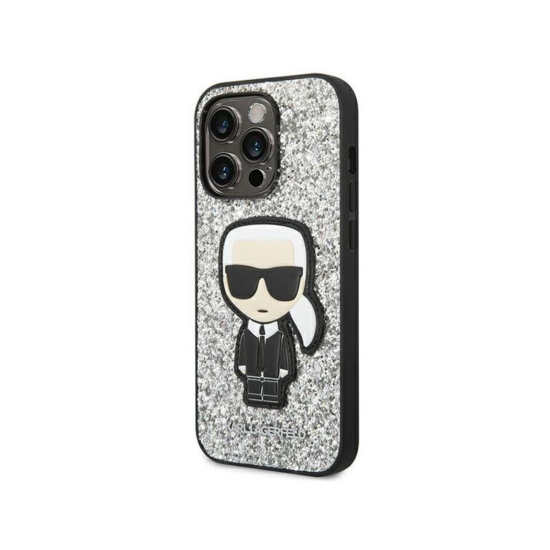 Karl Lagerfeld Glitter Flakes Ikonik dėklas iPhone 14 Pro Max - sidabrinis