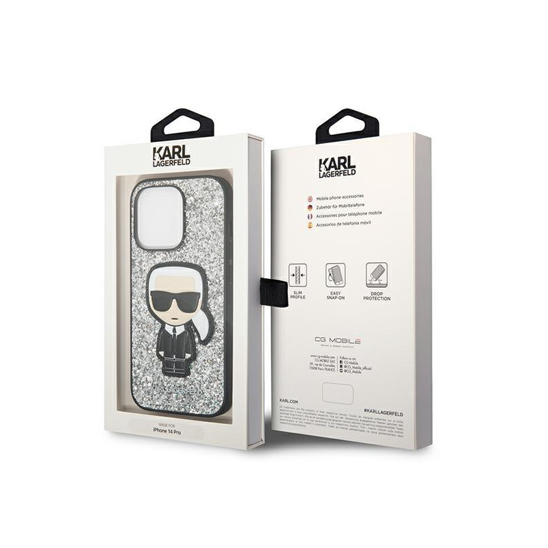 Karl Lagerfeld Glitter Flakes Ikonik dėklas iPhone 14 Pro Max - sidabrinis
