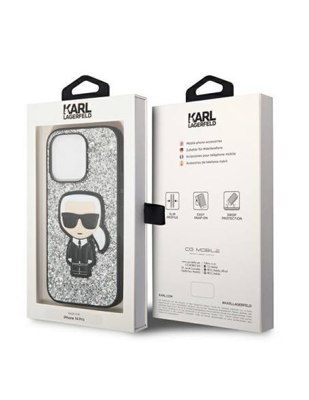 Karl Lagerfeld Glitter Flakes Ikonik dėklas iPhone 14 Pro Max - sidabrinis Karl Lagerfeld Glitter Flakes Ikonik dėklas iPhone 14 Pro Max - sidabrinis