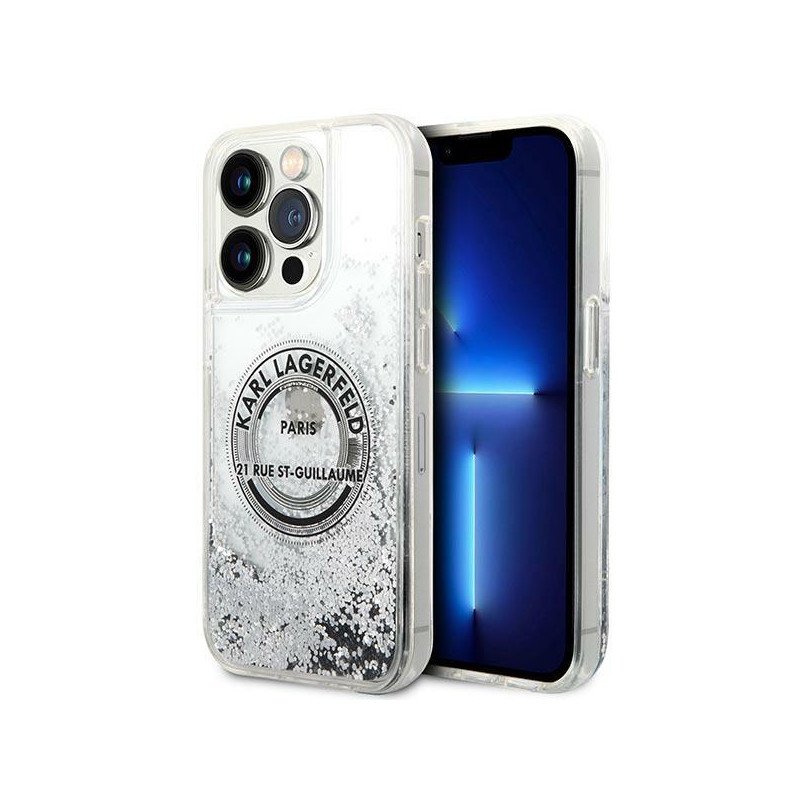 Karl Lagerfeld Liquid Glitter RSG dėklas iPhone 14 Pro Max - sidabrinis