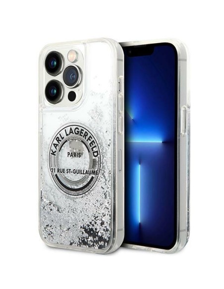 Karl Lagerfeld Liquid Glitter RSG dėklas iPhone 14 Pro Max - sidabrinis Karl Lagerfeld Liquid Glitter RSG dėklas iPhone 14 Pro Max - sidabrinis