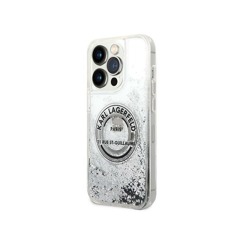 Karl Lagerfeld Liquid Glitter RSG dėklas iPhone 14 Pro Max - sidabrinis