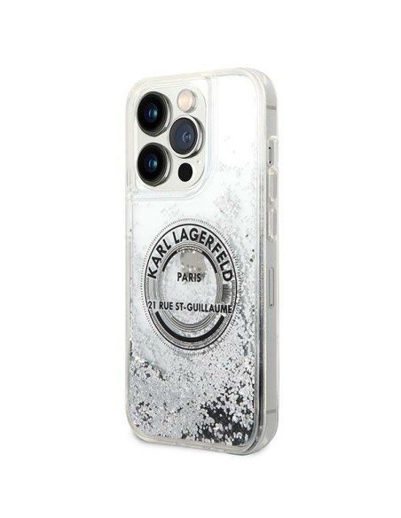 Karl Lagerfeld Liquid Glitter RSG dėklas iPhone 14 Pro Max - sidabrinis Karl Lagerfeld Liquid Glitter RSG dėklas iPhone 14 Pro Max - sidabrinis