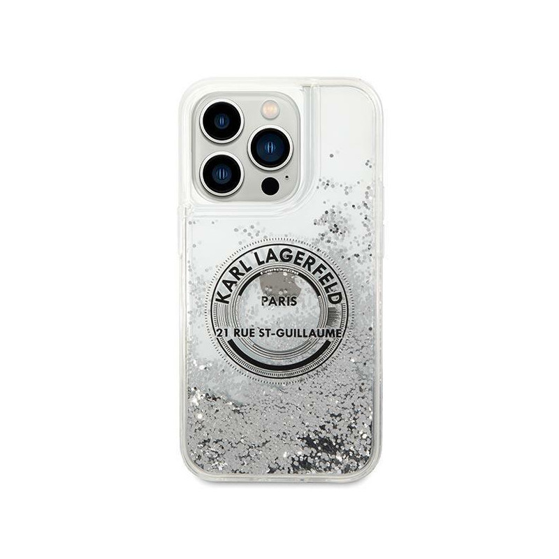 Karl Lagerfeld Liquid Glitter RSG dėklas iPhone 14 Pro Max - sidabrinis