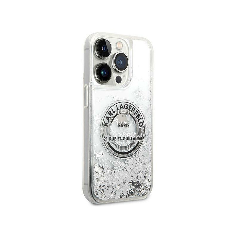 Karl Lagerfeld Liquid Glitter RSG dėklas iPhone 14 Pro Max - sidabrinis