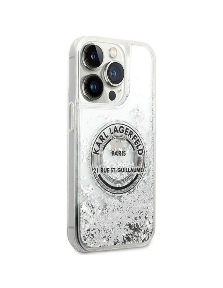 Karl Lagerfeld Liquid Glitter RSG dėklas iPhone 14 Pro Max - sidabrinis Karl Lagerfeld Liquid Glitter RSG dėklas iPhone 14 Pro Max - sidabrinis
