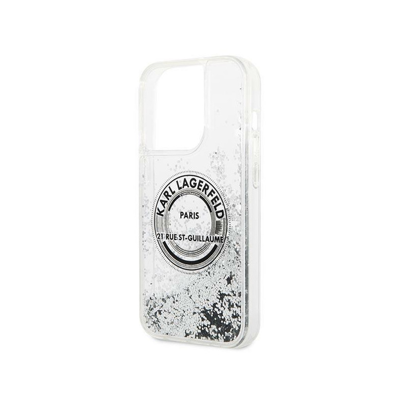Karl Lagerfeld Liquid Glitter RSG dėklas iPhone 14 Pro Max - sidabrinis