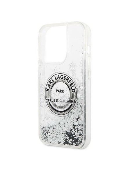 Karl Lagerfeld Liquid Glitter RSG dėklas iPhone 14 Pro Max - sidabrinis Karl Lagerfeld Liquid Glitter RSG dėklas iPhone 14 Pro Max - sidabrinis