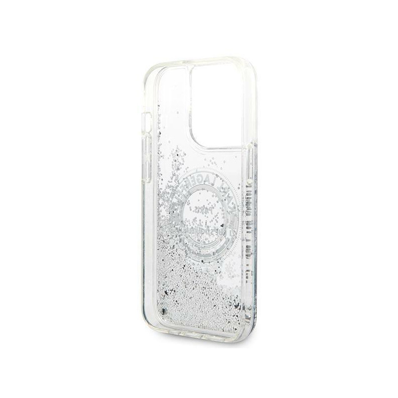 Karl Lagerfeld Liquid Glitter RSG dėklas iPhone 14 Pro Max - sidabrinis