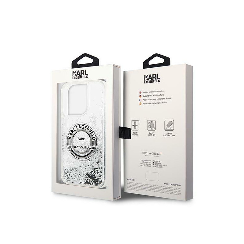 Karl Lagerfeld Liquid Glitter RSG dėklas iPhone 14 Pro Max - sidabrinis