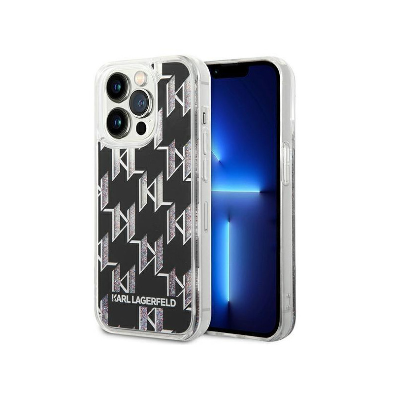 Karl Lagerfeld Liquid Glitter Monogram dėklas, skirtas iPhone 14 Pro Max - juodas