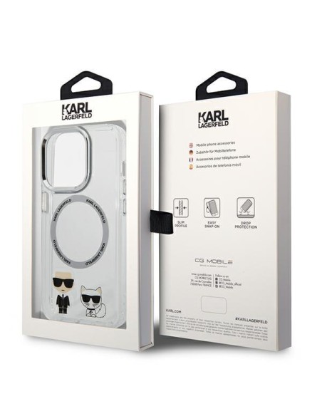 Karl Lagerfeld Karl&Choupette Aluminium MagSafe dėklas iPhone 14 Pro - skaidrus Karl Lagerfeld Karl&Choupette Aluminium MagSafe dėklas iPhone 14 Pro - skaidrus